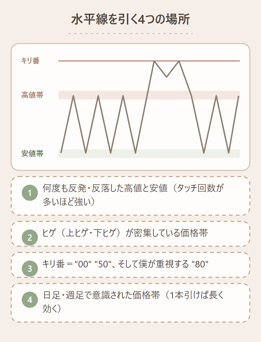 水平線を引く4つの場所:何度も反発した高値安値、ヒゲが密集する価格帯、キリ番、日足週足で意識された価格帯を示したチャート図