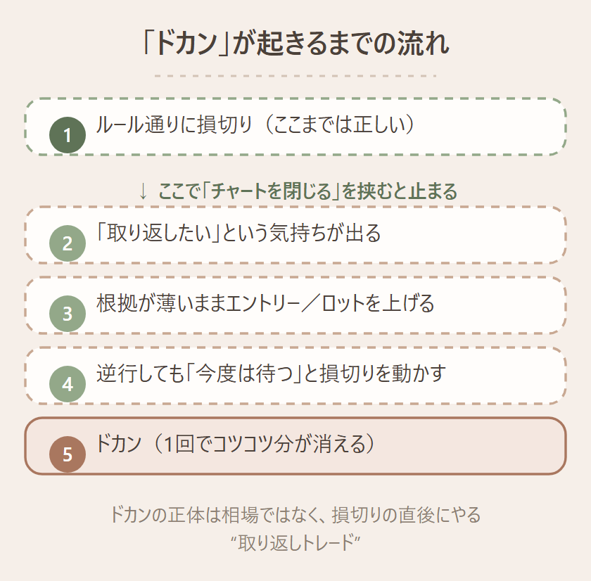 「ドカン」が起きるまでの流れを示す図。①ルール通りに損切り（ここまでは正しい）→②「取り返したい」という気持ちが出る→③根拠が薄いままエントリー／ロットを上げる→④逆行しても「今度は待つ」と損切りを動かす→⑤ドカン（1回でコツコツ分が消える）。横に『①→②の間に「チャートを閉じる」を挟むと止まる』という注記。下に『ドカンの正体は「相場」ではなく、損切りの直後にやる取り返しトレード』とまとめている図