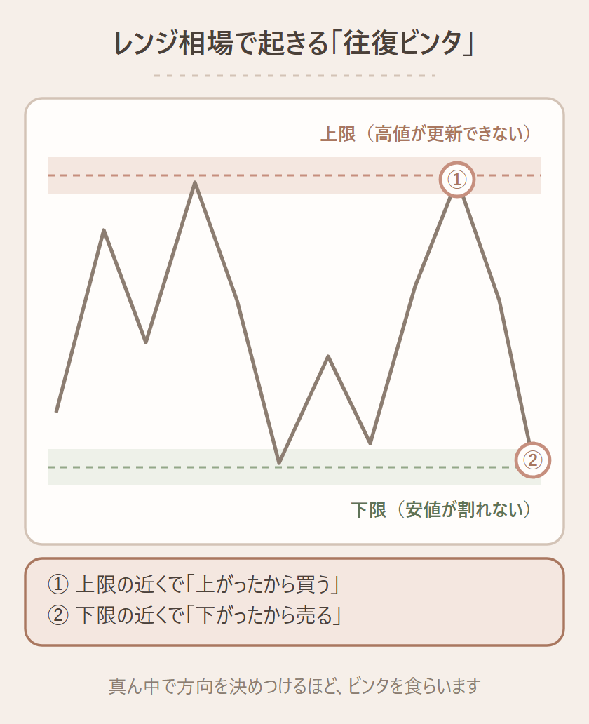レンジ相場で起きる「往復ビンタ」の図。上限(高値が更新できない)、下限(安値が割れない)、① 上がったから買う、② 下がったから売る、真ん中で「上がりそう」「下がりそう」と決めつけるほど、ビンタを食らいます