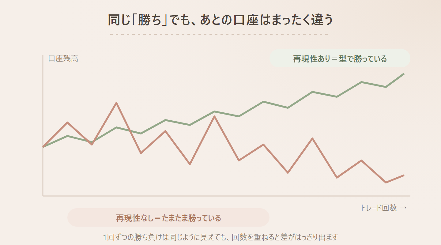 同じ「勝ち」でも、あとの口座はまったく違うの図。トレード回数 →、口座残高、再現性あり=型で勝っている、再現性なし=たまたま勝っている、1回ずつの勝ち負けは同じように見えても、回数を重ねると差がはっきり出ます