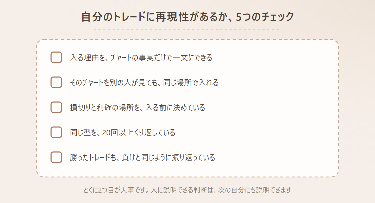 自分のトレードに再現性があるか、5つのチェックの図。入る理由を、チャートの事実だけで一文にできる、そのチャートを別の人が見ても、同じ場所で入れる、損切りと利確の場所を、入る前に決めている、同じ型を、20回以上くり返している、勝ったトレードも、負けと同じように振り返っている、とくに2つ目が大事です。人に説明できる判断は、次の自分にも説明できます