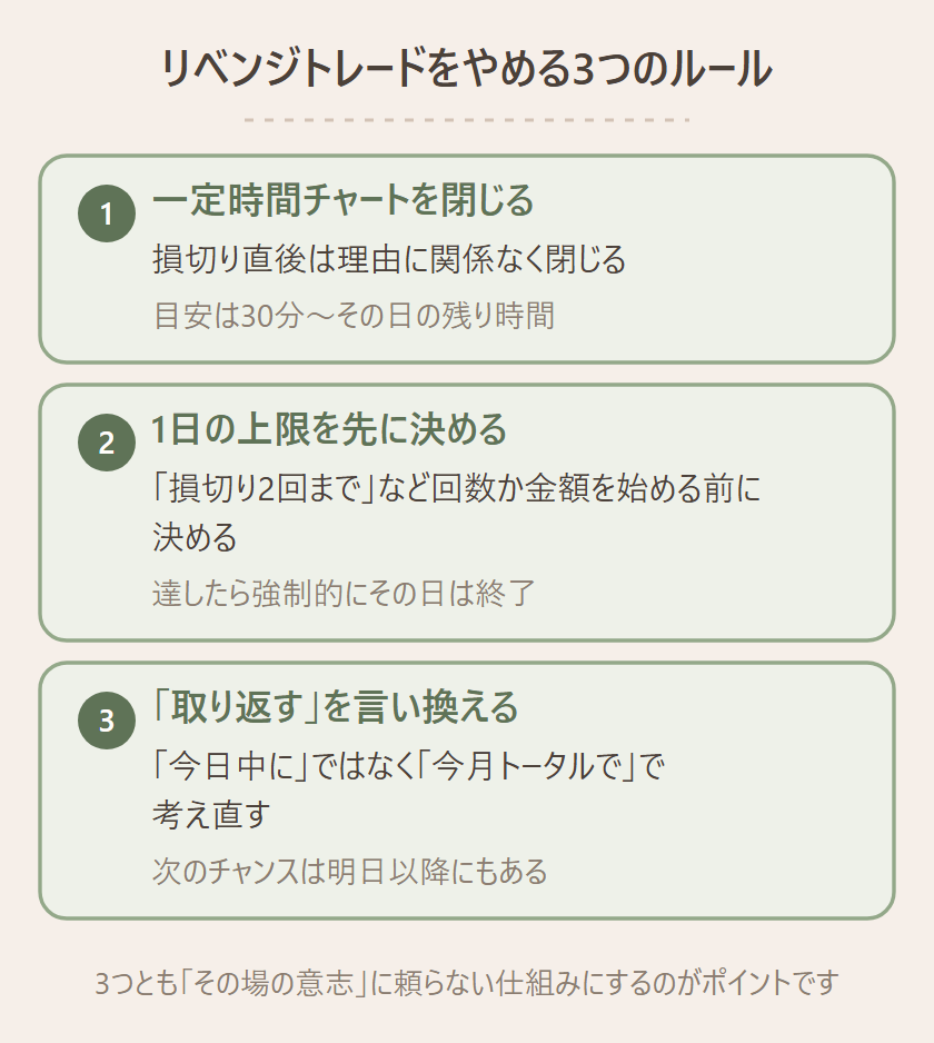 リベンジトレードをやめる3つのルールを示す図。①一定時間チャートを閉じる(損切り直後は理由に関係なく閉じる。目安は30分〜その日の残り時間)、②1日の上限を先に決める(損切り2回までなど回数か金額を始める前に決め達したら強制的にその日は終了)、③取り返すを言い換える(今日中にではなく今月トータルでと考え直す。次のチャンスは明日以降にもある)、という図