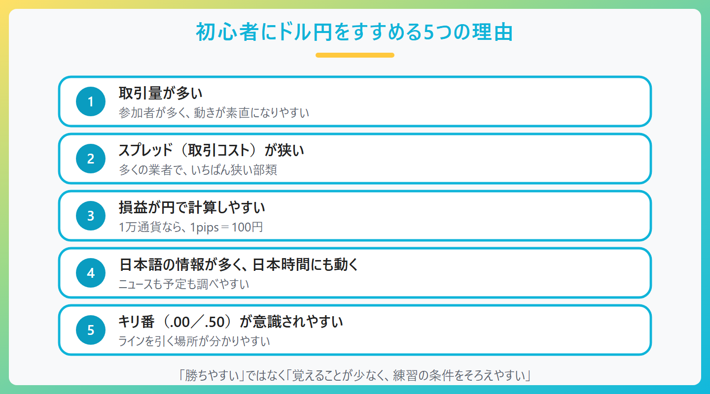 初心者にドル円をすすめる5つの理由、1、取引量が多い、参加者が多く、動きが素直になりやすい、2、スプレッド（取引コスト）が狭い、多くの業者で、いちばん狭い部類、3、損益が円で計算しやすい、1万通貨なら、1pips＝100円、4、日本語の情報が多く、日本時間にも動く、ニュースも予定も調べやすい、5、キリ番（.00／.50）が意識されやすい、ラインを引く場所が分かりやすい、「勝ちやすい」ではなく「覚えることが少なく、練習の条件をそろえやすい」
