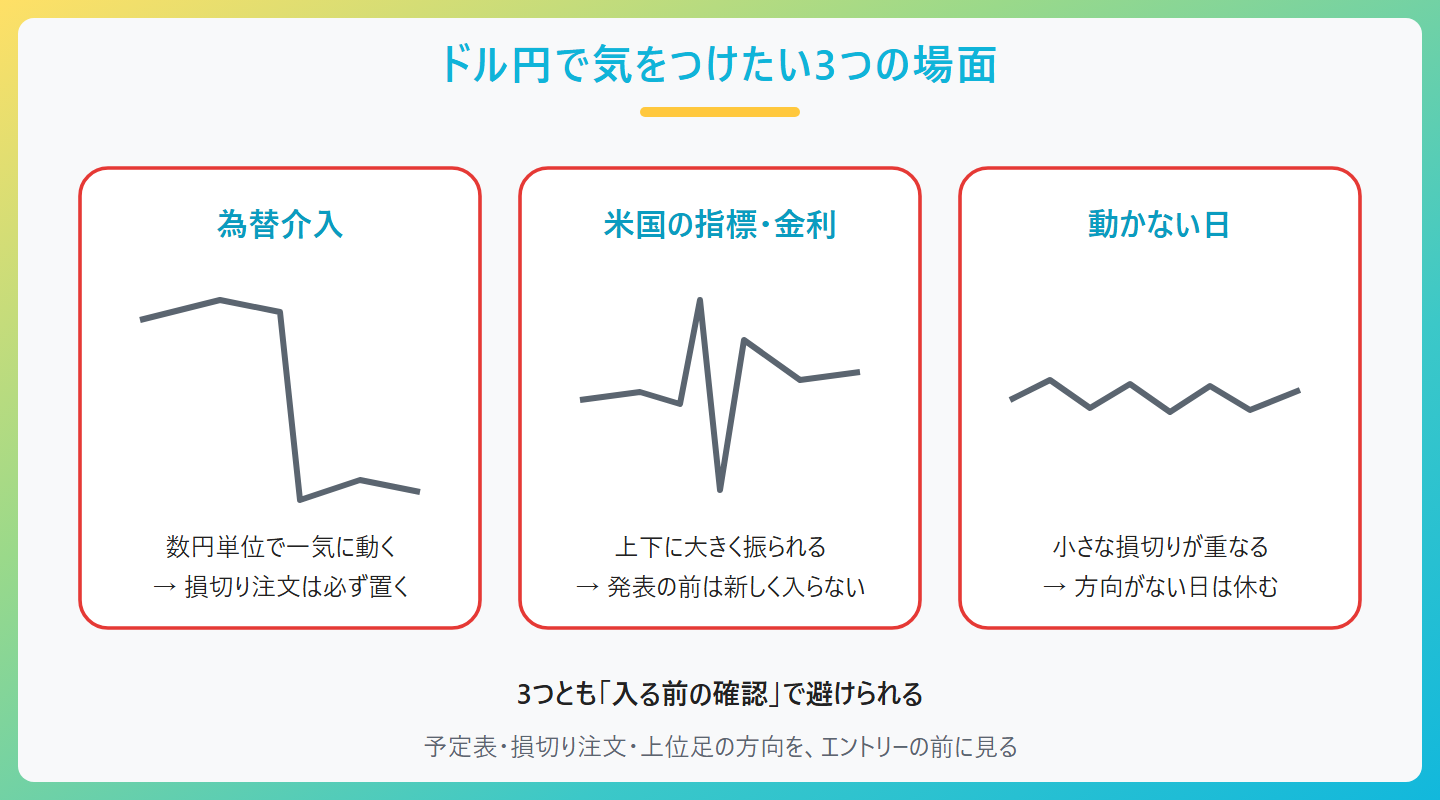 ドル円で気をつけたい3つの場面、為替介入、数円単位で一気に動く、→ 損切り注文は必ず置く、米国の指標・金利、上下に大きく振られる、→ 発表の前は新しく入らない、動かない日、小さな損切りが重なる、→ 方向がない日は休む、3つとも「入る前の確認」で避けられる、予定表・損切り注文・上位足の方向を、エントリーの前に見る