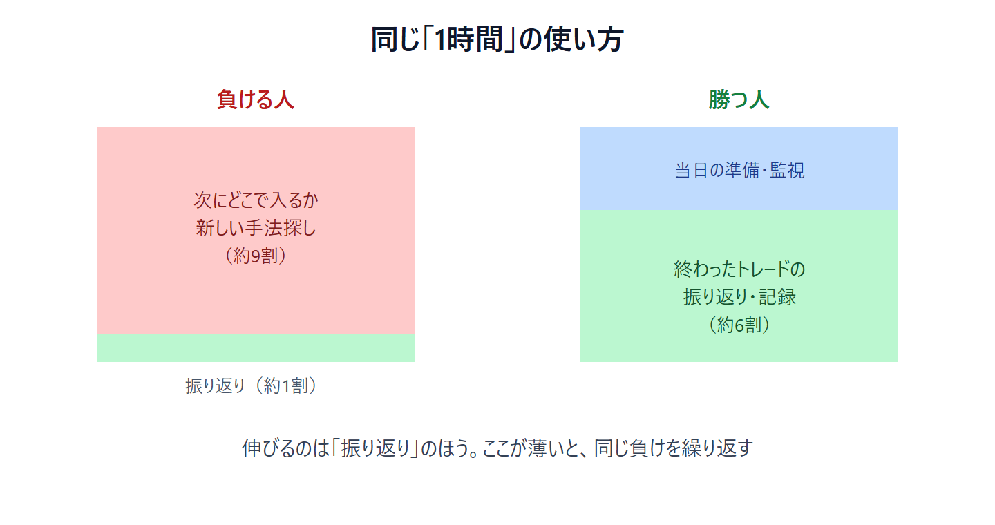負ける人と勝つ人の時間の使い方の比較。負ける人は「次にどこで入るか・手法探し」に約9割、勝つ人は「終わったトレードの振り返り・記録」に約6割を使うと示す図