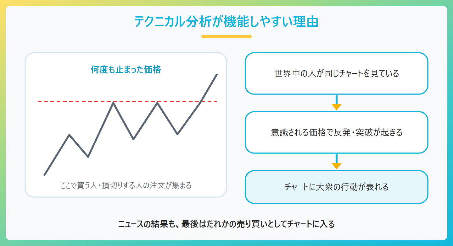 テクニカル分析が機能しやすい理由、世界中の人が同じチャートを見ている、何度も止まった価格に注文が集まる、みんなが意識するラインで反発や突破が起きやすい、だからチャートには大衆の行動が出る