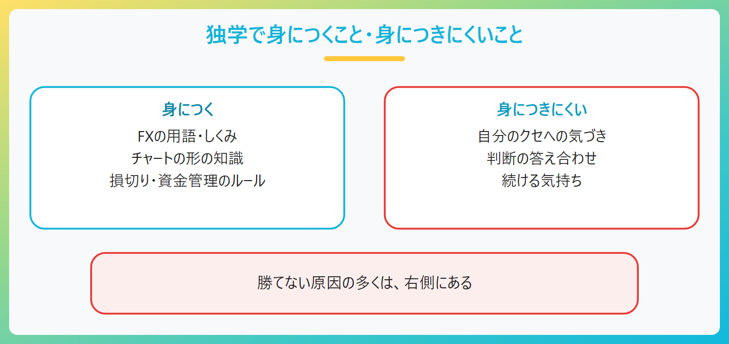 FXの独学で身につくことと身につきにくいことの比較。身につくのは用語、チャートの形、ルールの知識。身につきにくいのは自分のクセへの気づき、判断が合っているかの答え合わせ、続ける気持ち